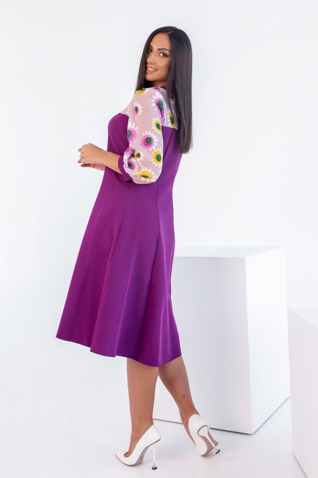 Жіноча сукня зі вставками із принтованого шифону фіолетова р.44/46 381712