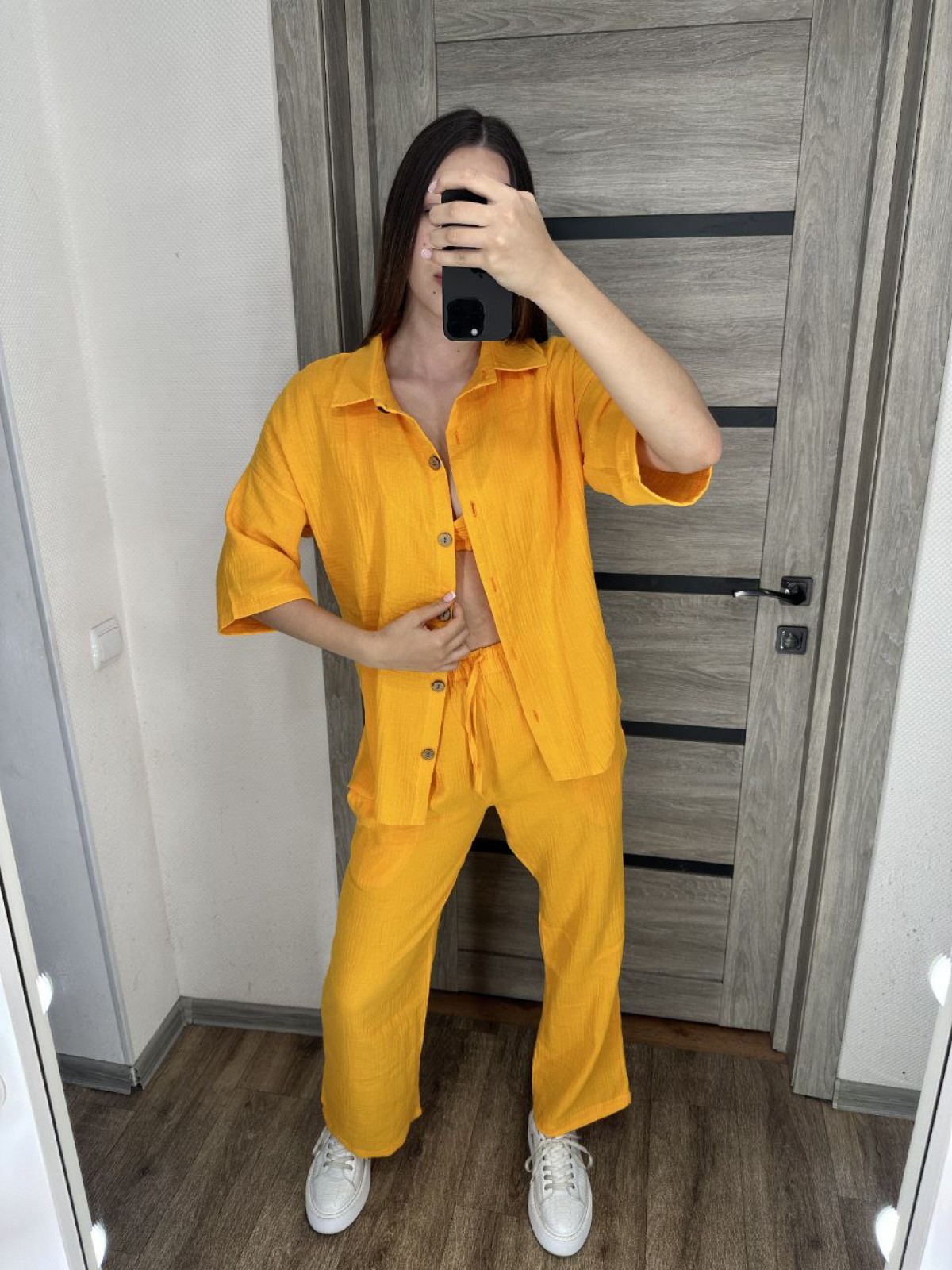 Жіночий костюм трійка з мусліну колір помаранчевий р.50/52 455241