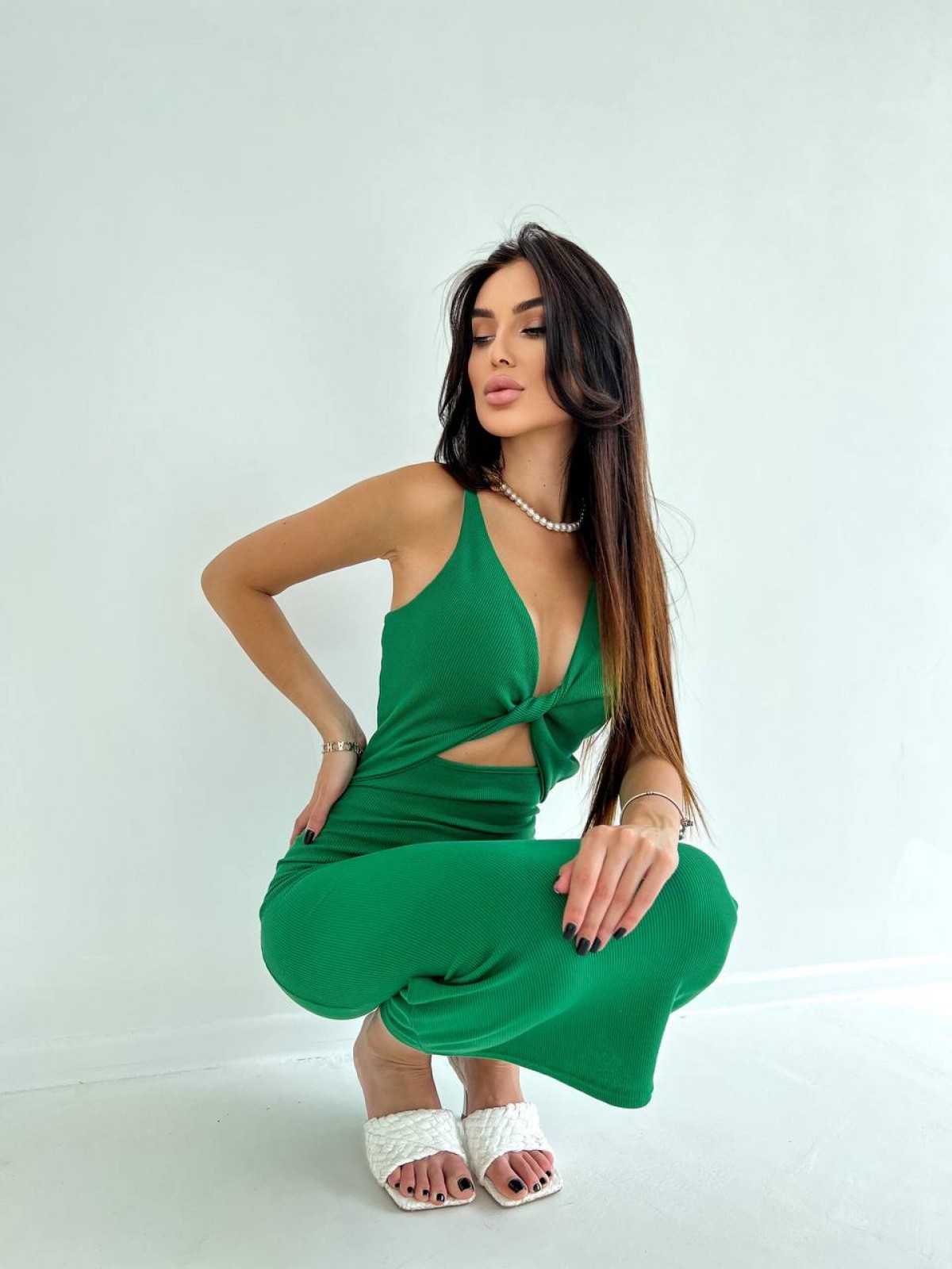 Жіноча приталена сукня міді колір зелений р.42/44 455558