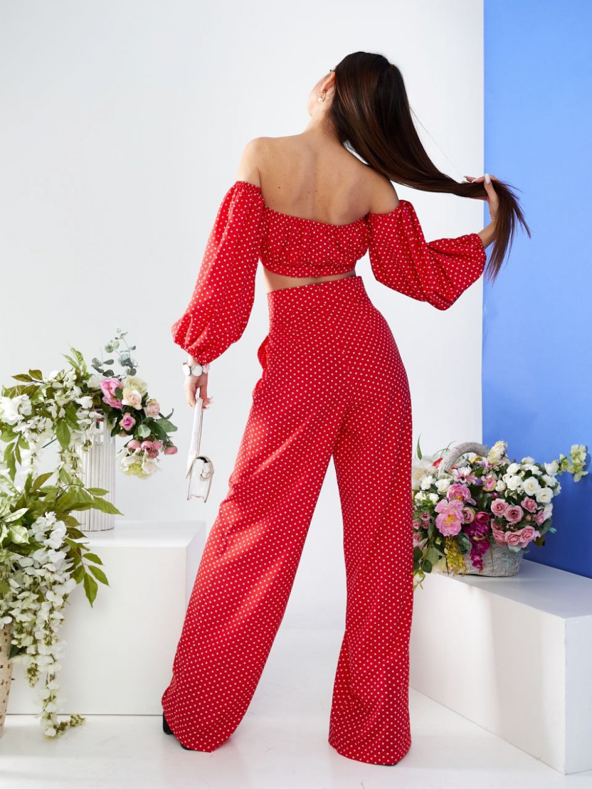 Жіночий  костюм топ і штани палаццо червоного кольору 387264