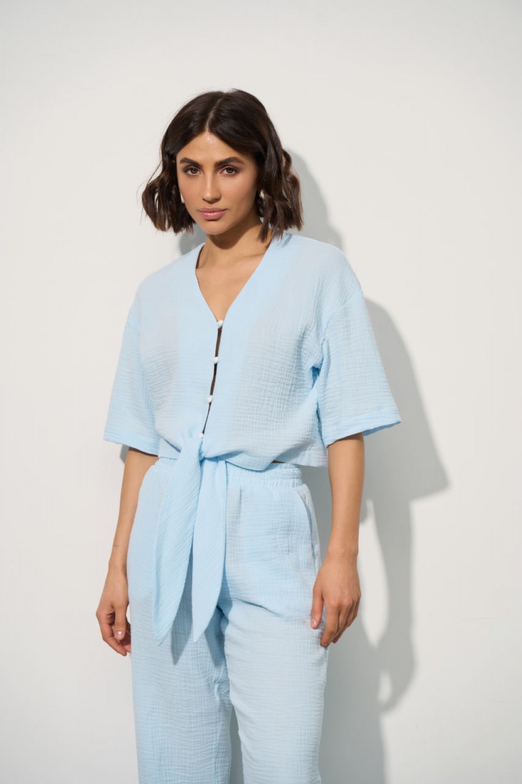 Жіночий мусліновий костюм-двійка колір світло-блакитний р.S 459114