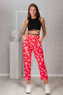 Жіночі штани укорочені червоні в квіточку 314900