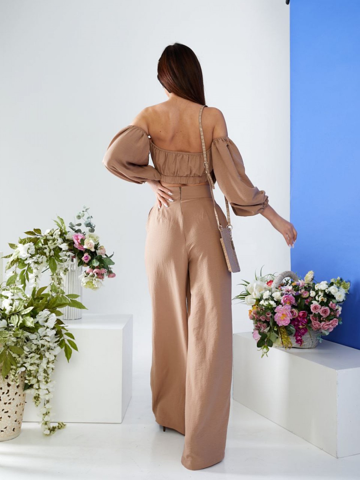 Жіночий  костюм топ і штани палаццо кольору капучино р.XS 387272
