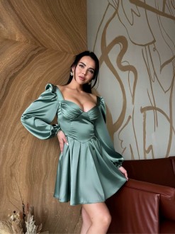 Жіноча сукня міні із сатину колір оливковий р.46 459720